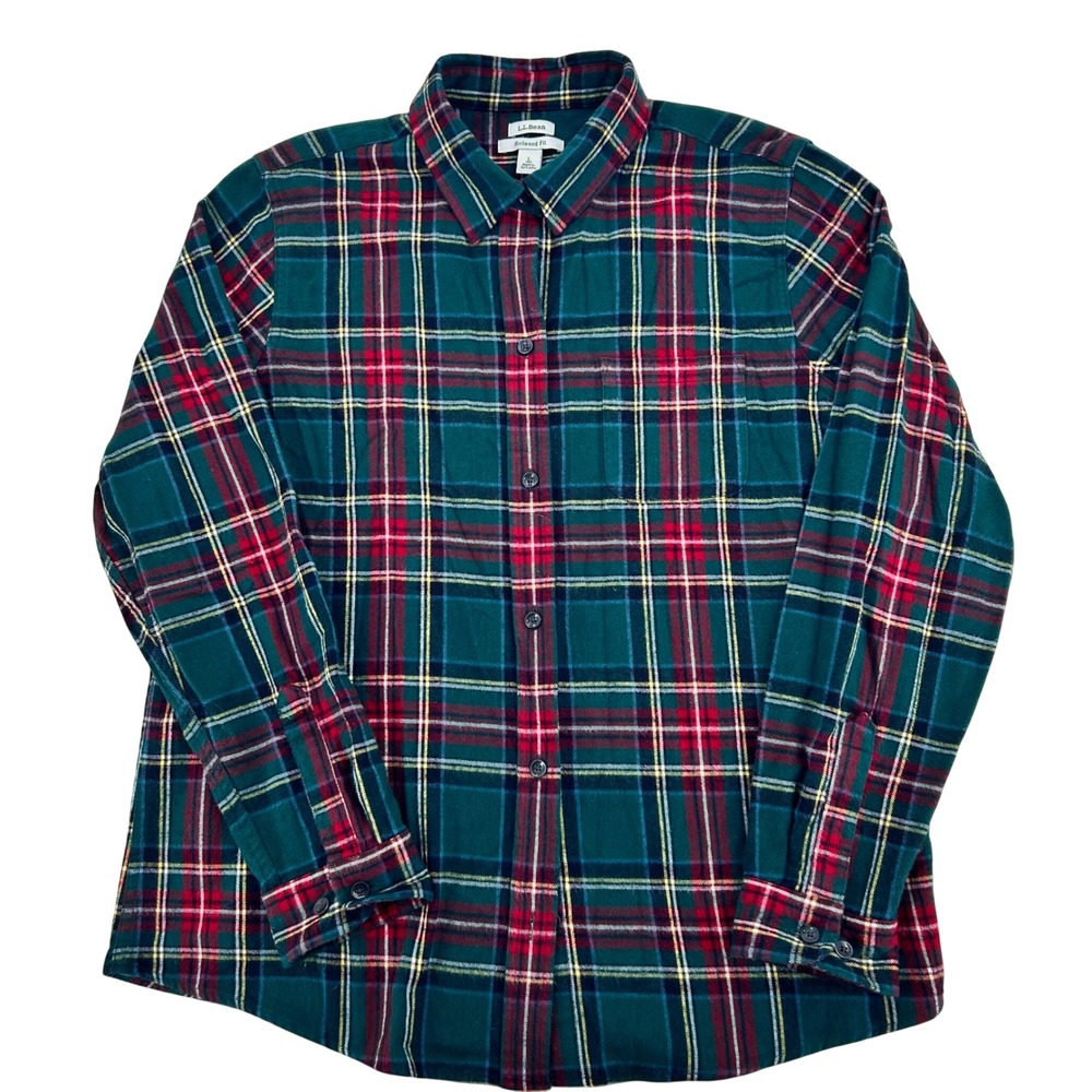 Vintage LL Bean Womens Scotch Plaid Flannel Shirt L Green Red Tartan Relaxed